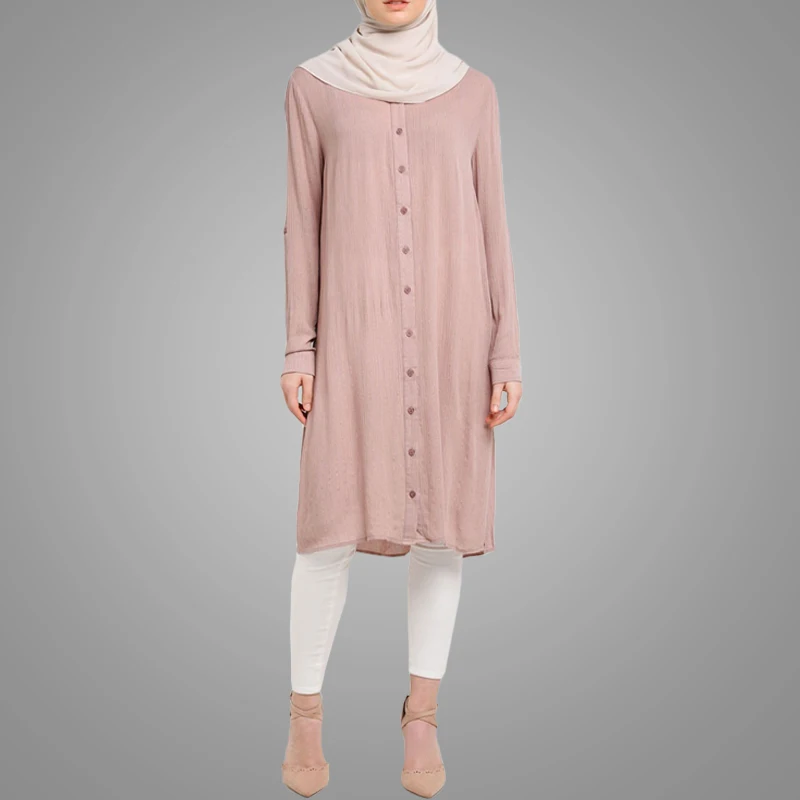 New Arrival Plain Crepe Buttoned Down Long Tunic Tops For Muslim Women Lady Blouse Long Sleeves Abaya Dress Islamic Clothing