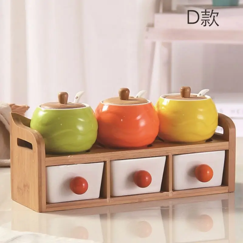  Кухонные аксессуары для приправ керамическая многокамерная банка специй с деревянной крышкой и подставкой