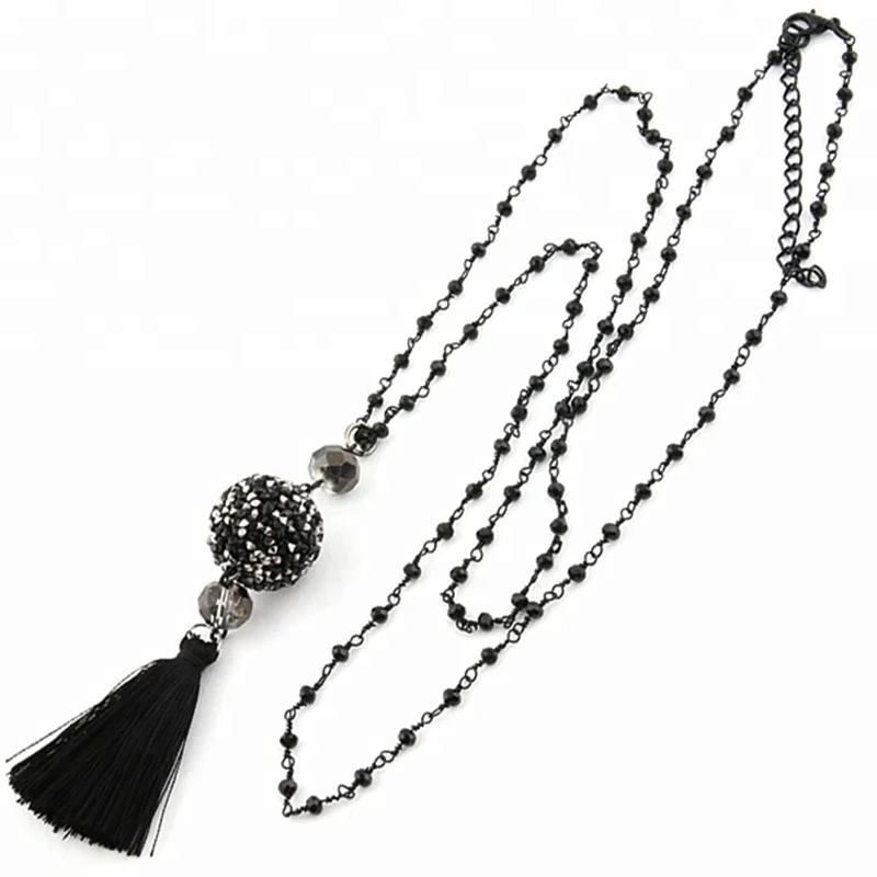 
NeeFu WoFu Pendant Necklaces Big 20mm Rhinestone Ball Necklace Handmade 2mm Black Crystal Wrapped Beaded Bohemian Tassel Long Ne 