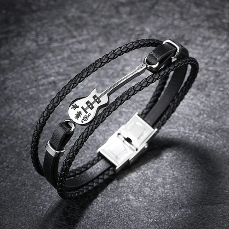 Trendy Stainless Steel Music Festival Guitar Men Leather Rope Bangle Bracelet