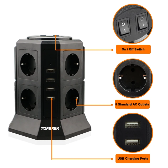 Многофункциональная Вертикальная Розетка с защитой от перенапряжения с вилкой европейского стандарта и USB-разъемом для зарядной станции для Турции