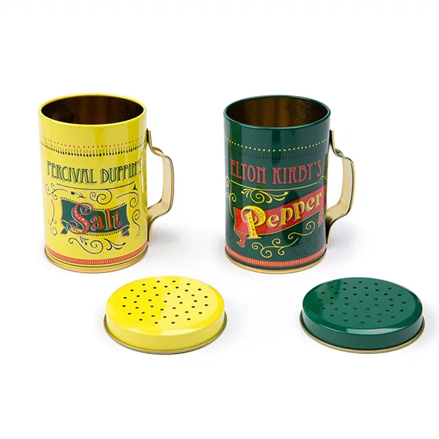 Custom printing round metal funny salt pepper shaker with handle round tin box For packaging Metal Cans