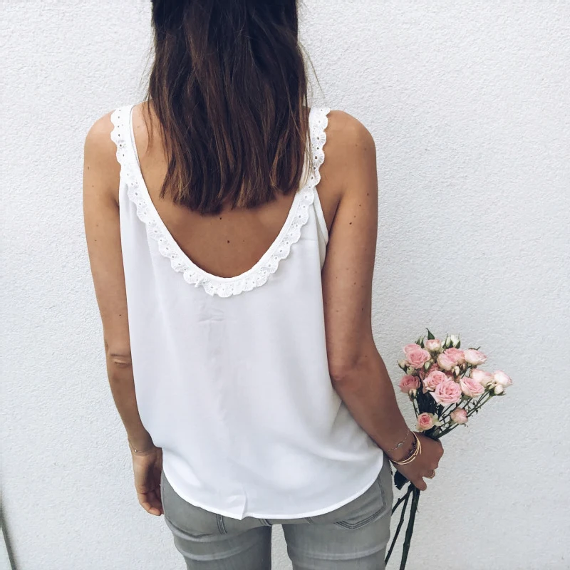 
Women Casual Loose Summer Top Lace Sleeveless Blouse Breathable Basic Vest loungewear Solid debardeur femme camisetas mujer 