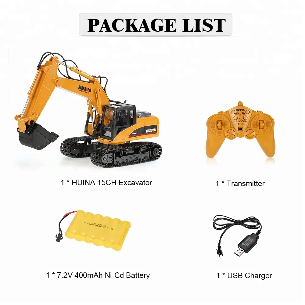 HUINA 1550 Toys 2.4G 1:14 15CH Metal RC Excavator with Recharging Battery