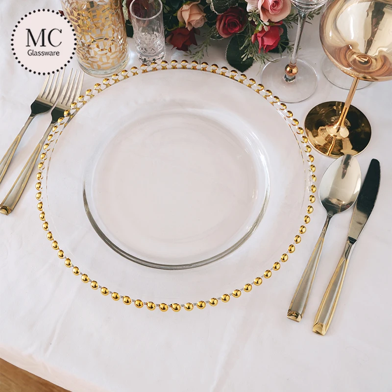 12,6 дюймовые Прозрачные Свадебные серебряные тарелки с бусинами для зарядного устройства оптом