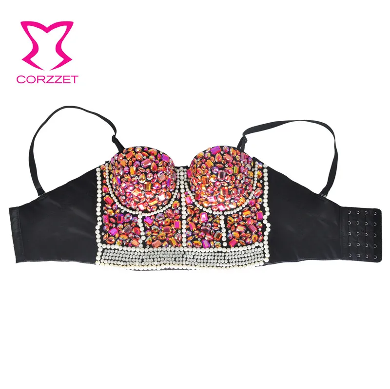 Corzzet Pink Lovely Corset Bra With Beading & Rhinestone Nightclub Party Bustier Women Performance Wear Crop Tops For Bigger Cup