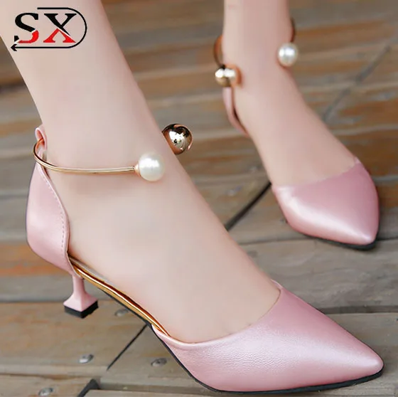 Ladies White Pointed Toe Pearls Bridal Shoes Mid Heel Block Women OL Shoes