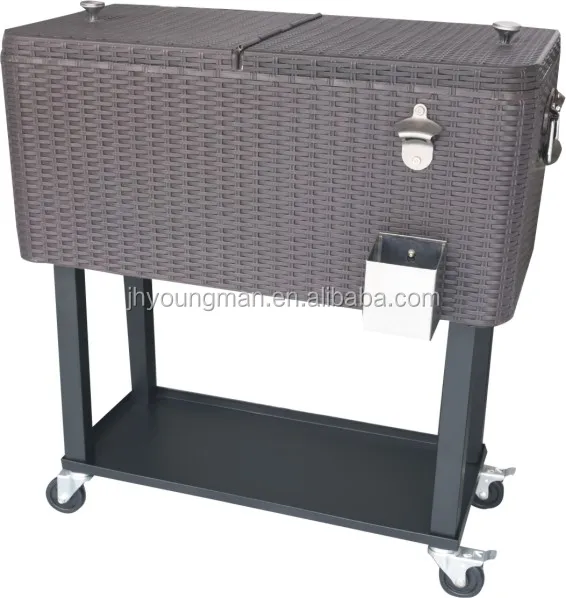 80Qt Rattan Patio Party Drink Metal Rooling Cooler Cart