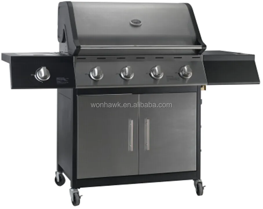 Black powder coated trolley gas grill with 4 main burner