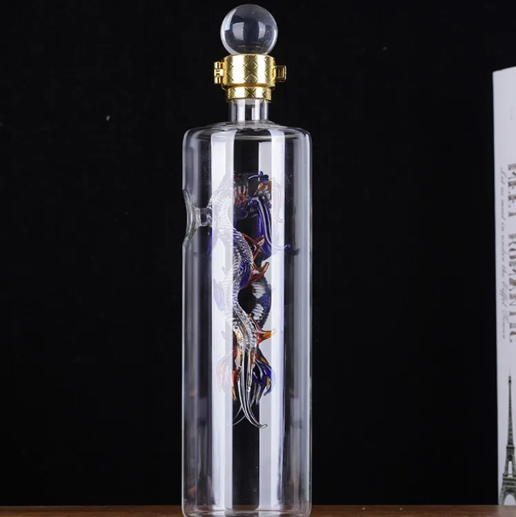 AIHPO06 Manufacture China Unique Decorated Dragon Shaped 750ML Handicraft Blown Glass Liquor Wine Bottles