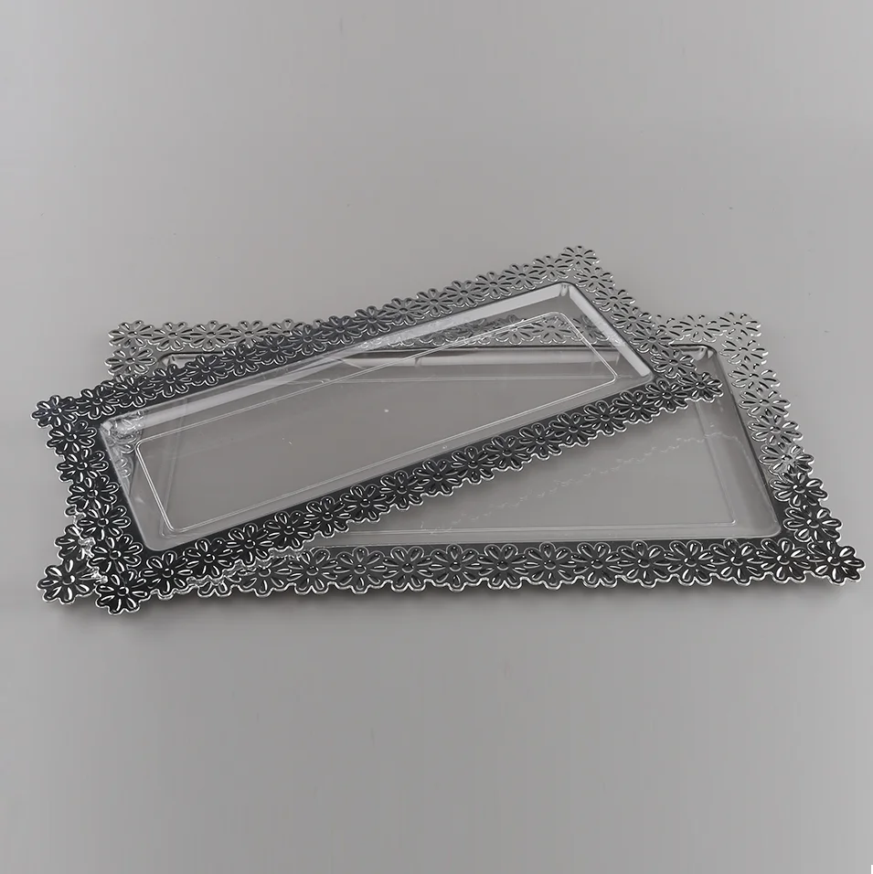 New design flower food silver border plated wholesale cheap small disposable long plastic tray