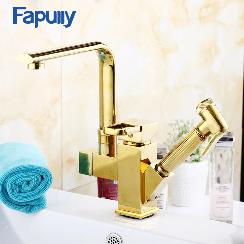 Fapully бассейна Нажмите площади смеситель для кухни вытащить один бассейна кран/Грифо Cocina Oro