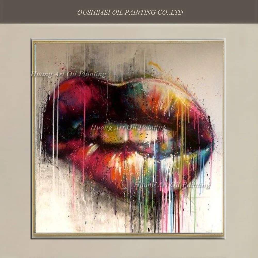 Professional Artist Handmade Colorful Lip Oil Painting on Canvas Modern Sexy Lips Art Picture for Wall Decor Hang Painting