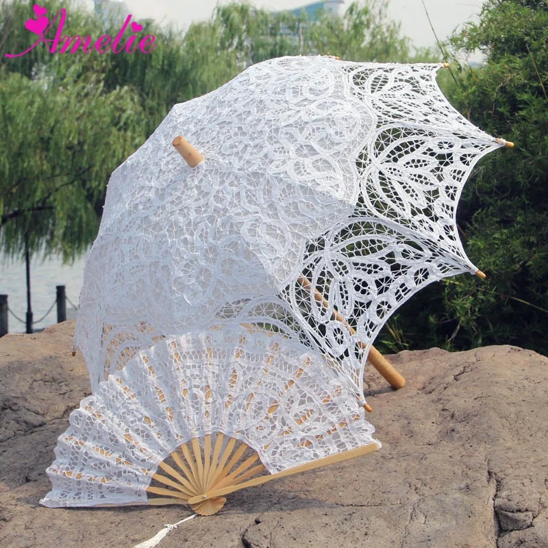 19 Century Popular Steampunk Style Handmade Battenburg Lace Parasol Lace Fan Set Wedding Umbrella