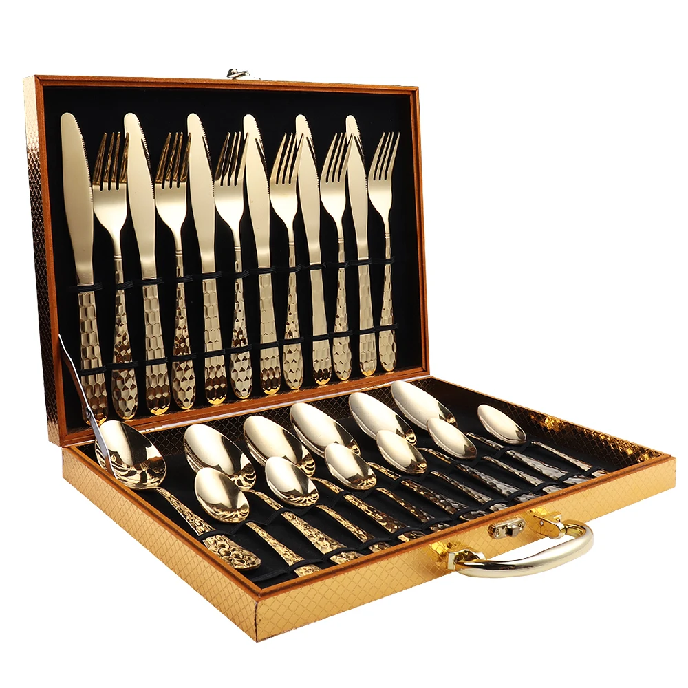 
Mirror polishing stainless steel flatware set 24 pcs cutlery set with wooden box 