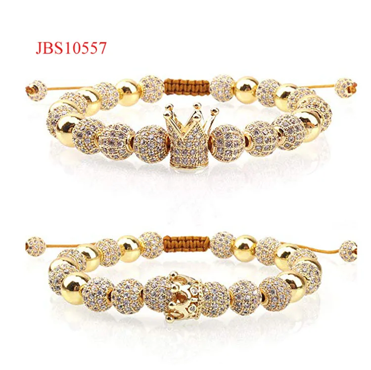 High Quality Luxury CZ Pave Crown Real Gold Plated Queen&King Crown Charm Bead Macrame Couple Bracelet For Women Men