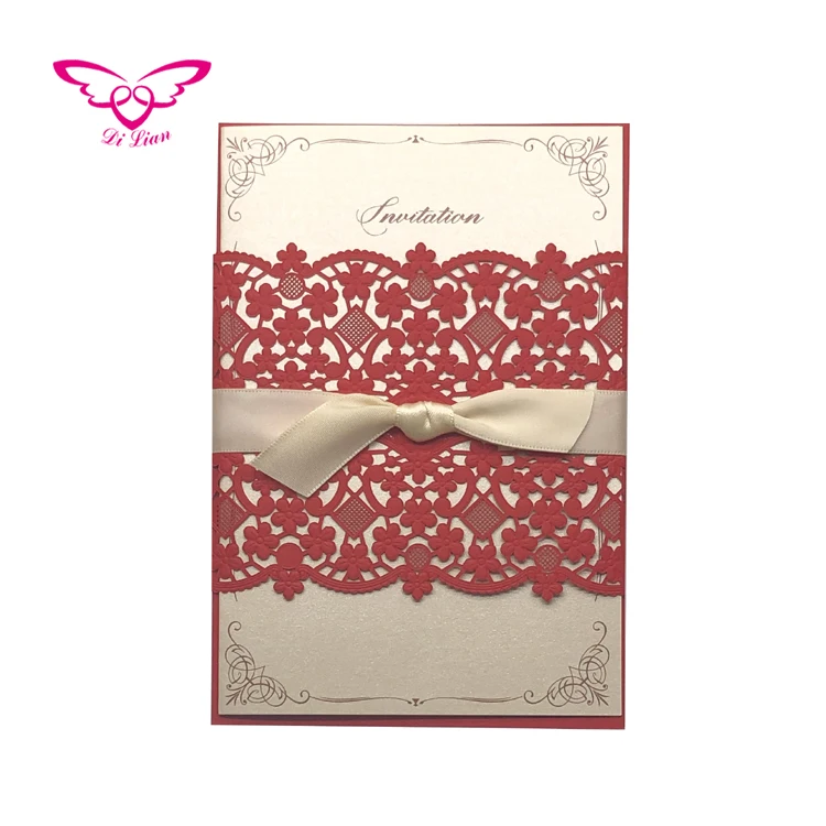 Laser Cut And Embossing Flower Belly Band  Invitation  Card  Gold Ribbon Bow Wedding Invitations