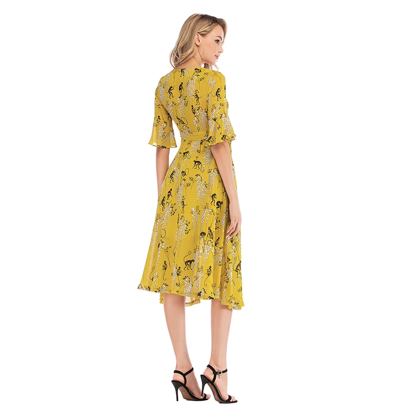 New Fashion Spring Casual Dress Flower Printed Short Sleeve Ruffle Wrap Beach Dress