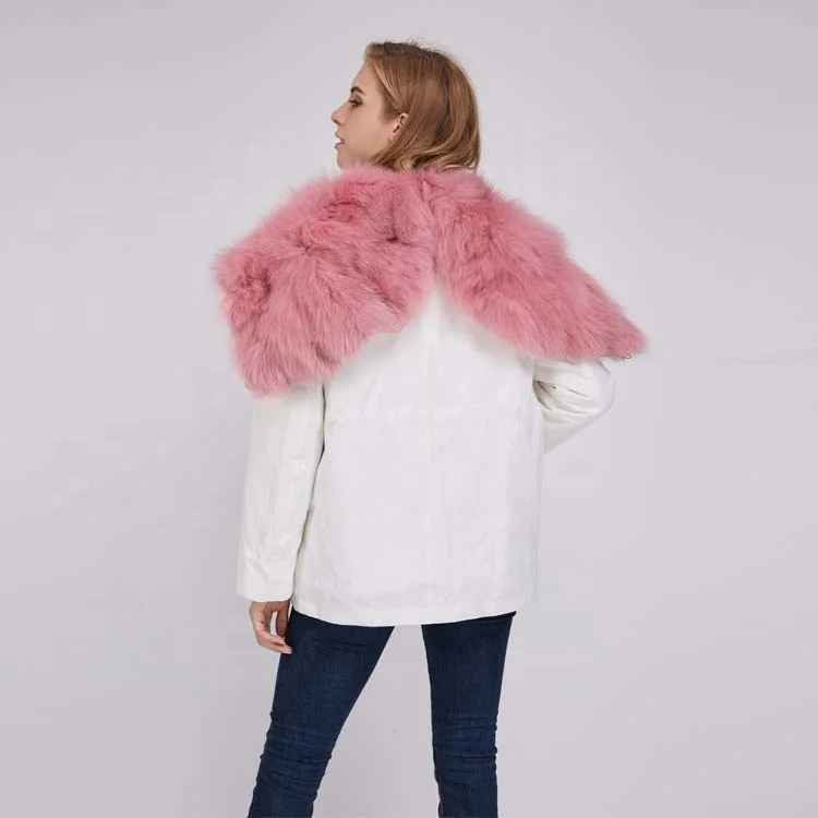 Winter Warm Ladies Real  Fox Fur Pink Lining Parka Coat with Hat