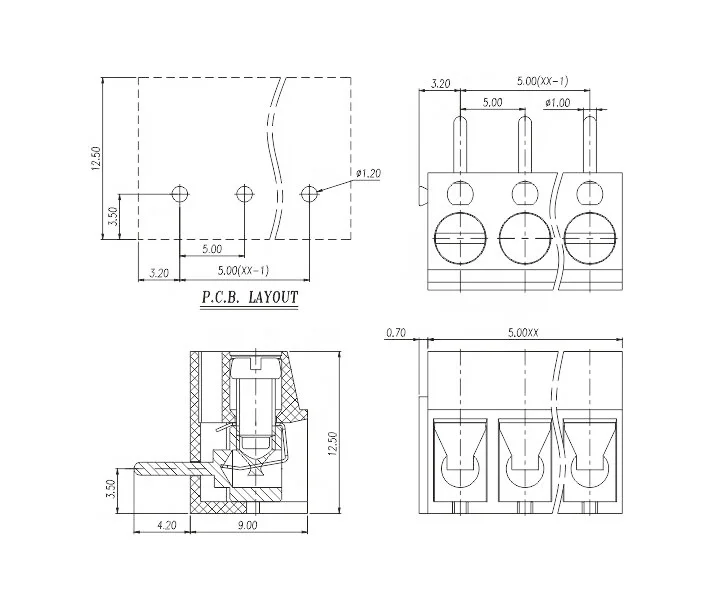 300R/5.0-2P PCB 90 degree screw brass terminal block connector