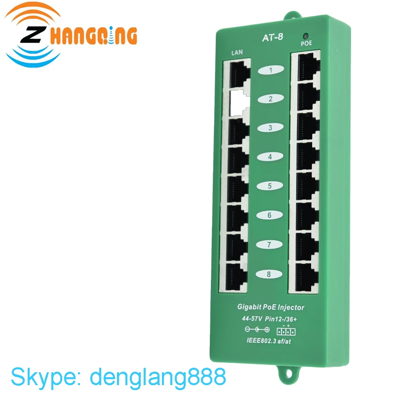 Gigabit 802.3af 802.3AT 56volt 120watt Active PoE Injector 8 port