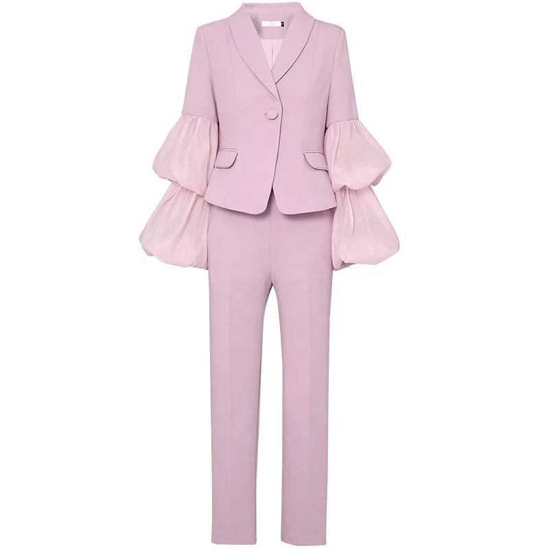 OEM 2019 Trendy Puff Sleeve Solid  Elegance Stitching Luxury Two Piece Women Suit