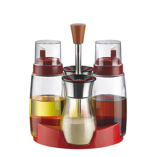 Wholesale hot selling 4 in 1 Set Glass Bottles for Olive Oil Vinegar Soy Sauce Dispenser with Plastic Rack