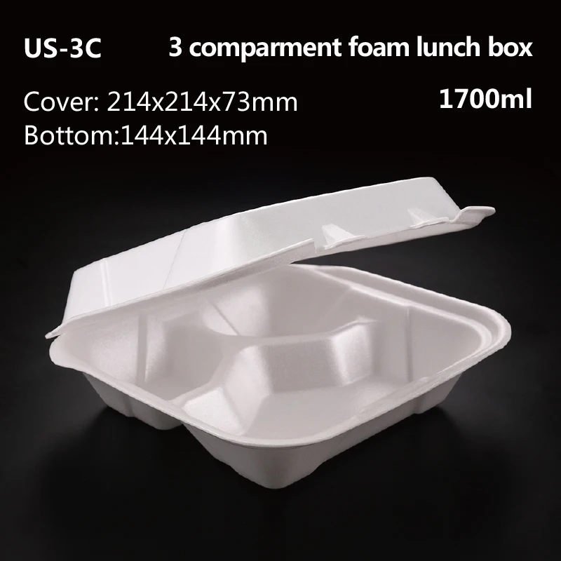 
9inch Disposable foam take out lunch box clamshell food packaging with 3 compartment to go lunch box 