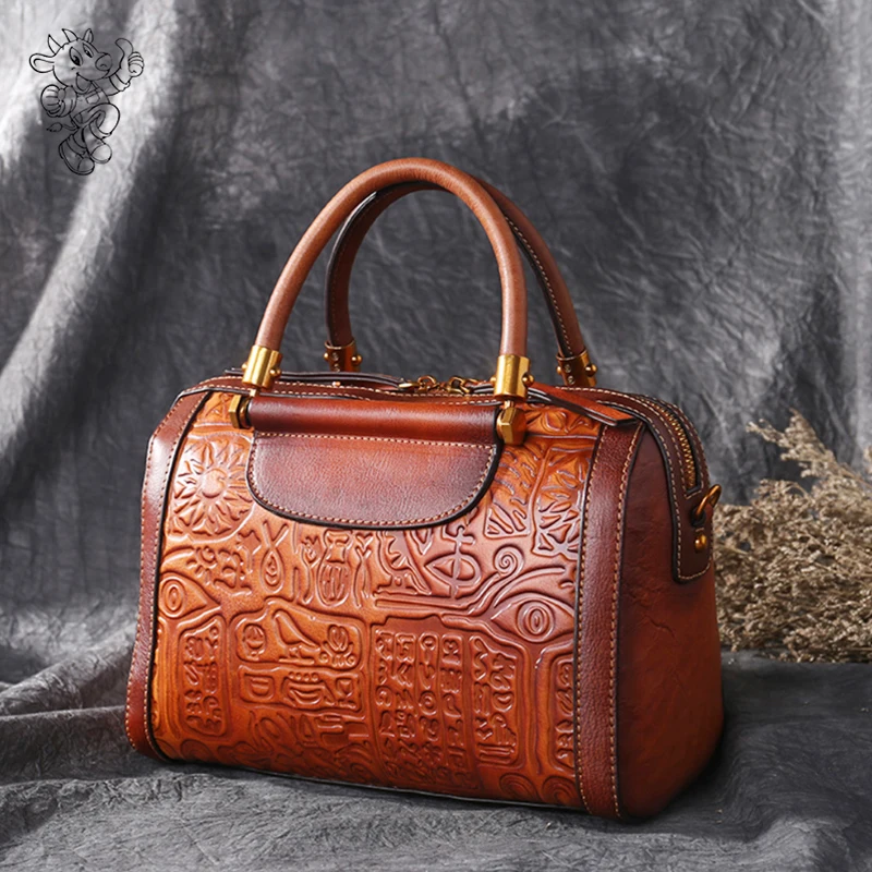 China Supplier 2019 Fashion Embossed Boston Big Capacity Handbags Cowhide Leather Ladies Hand Bags