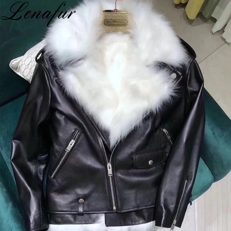 Italian Women Short Two-in-one Real Fox Fur Liner Lambskin Leather Jacket Genuine Sheepskin Leather Bomber Jacket Coat Jacket