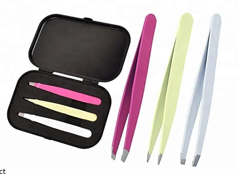 Pink Cosmetic Eyebrow Tweezers in Travel Pouch, 3Pcs Stainless Steel Eyebrow Care Slant Point Flat Tip Tweezers Gift Set