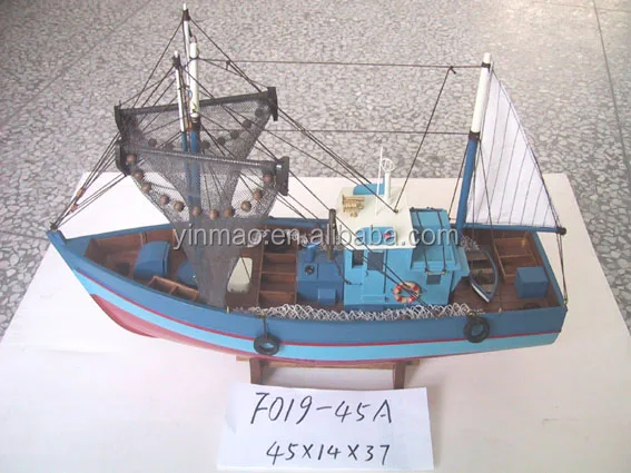 Wooden Crab Boat Model with 2 Fishing nets, Blue 45x14x37cm, Fishing Shrimp ship model with a sail, yacht vessel replic model