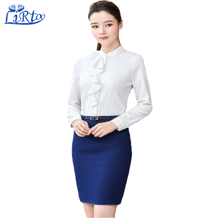 
Elegant ladies suits custom blue skirt airline stewardess uniform design 
