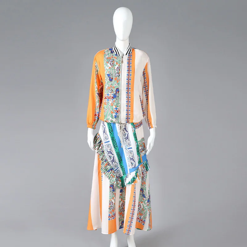 Newly Arrival Bohemian Fashion Style Short Cap Sleeves Ruffle Chiffon Print Dress and Elastic Zip Up Blouse 2 Piece Set Women