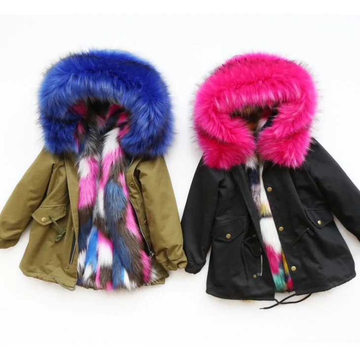
YY10437G Very beautiful blue fur lined winter coat for children faux fox fur coat 