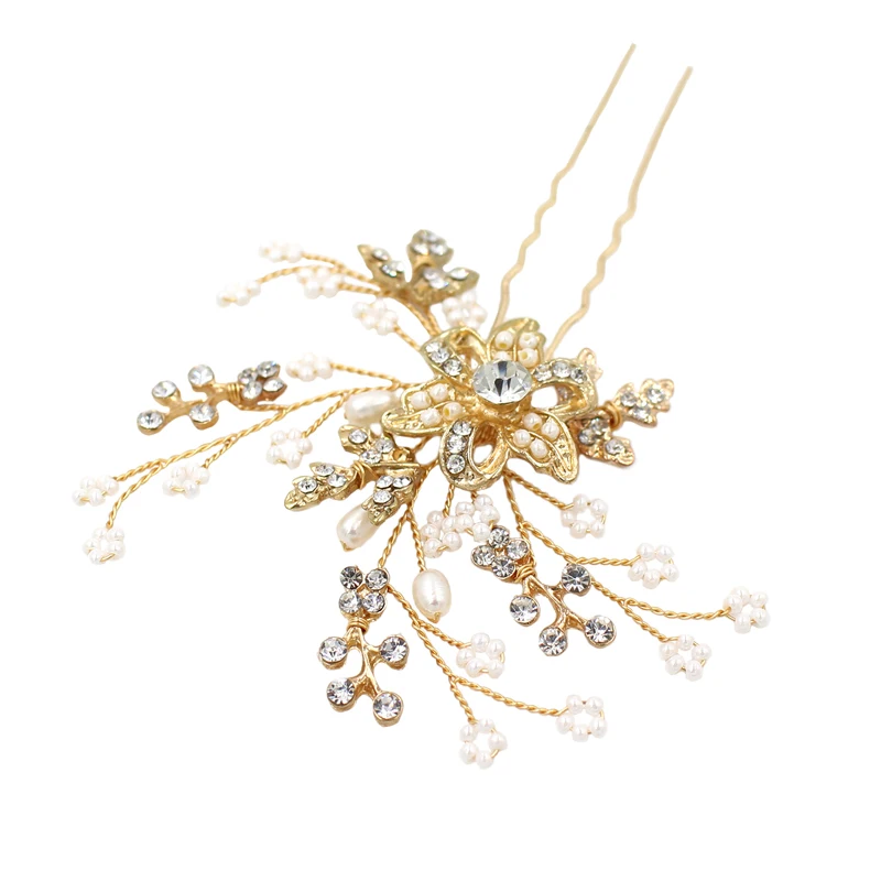 O382 Gold Floral Brass Alloy Freshwater Pearl Wedding Hairclips bridal Hair Accessories