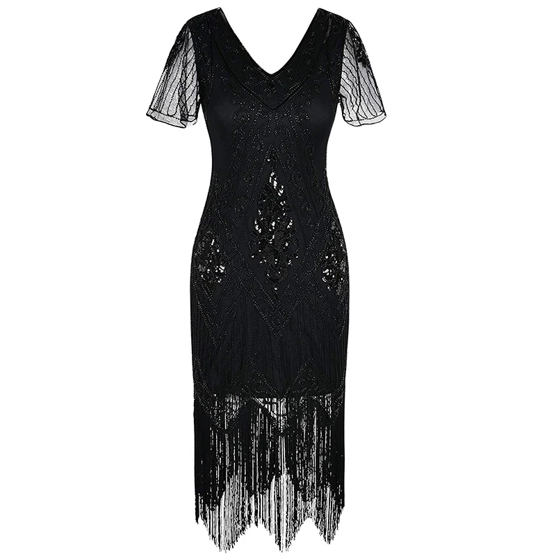 Wholesale short sleeves high quality sequined gatsby women fashion beaded  evening dress