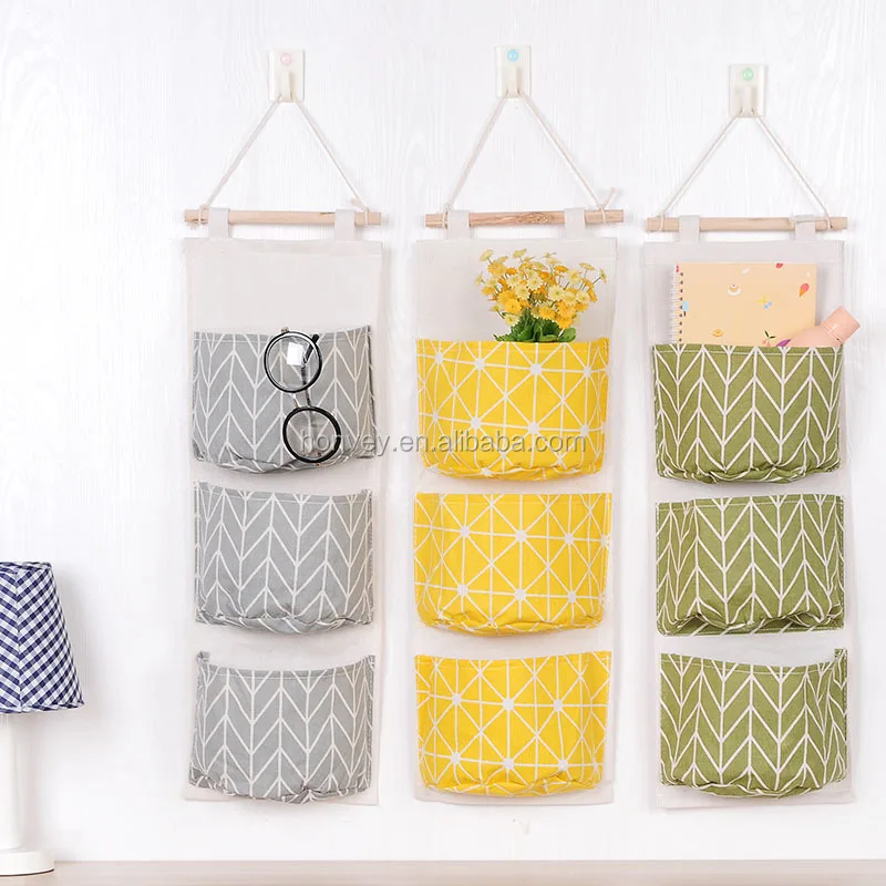 
HONVEY Wall Hanging Storage Bags Cotton And Linen 3 Pockets Wall Door Closet Hanging Storage Bag Organizer For Room Bathroom 