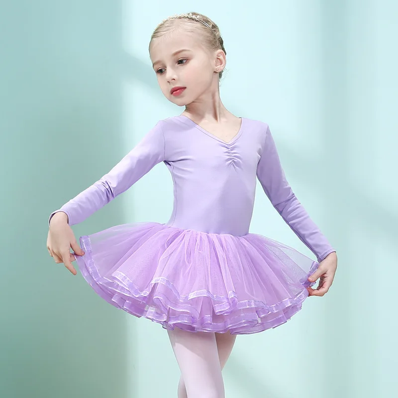 Kids Girls Long Sleeve Ballet Dress for Gymnastics Professional Ballet Tutu Children Costume Ruffle Dress Teen Girls Dance Dress