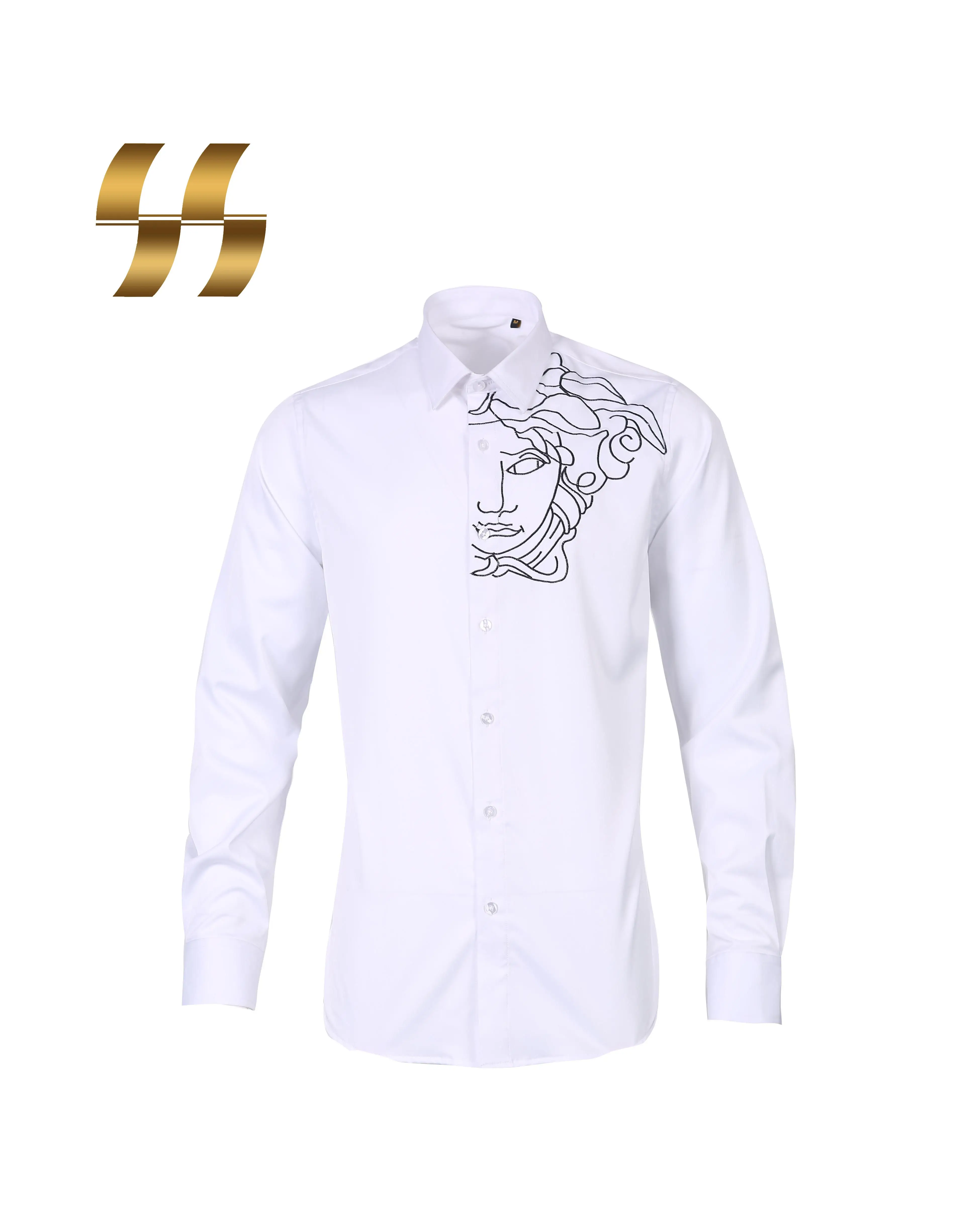 New Design 95%Cotton 5%Spandex Fabric Contrast Gold Embroidered Custom White Shirts For Men