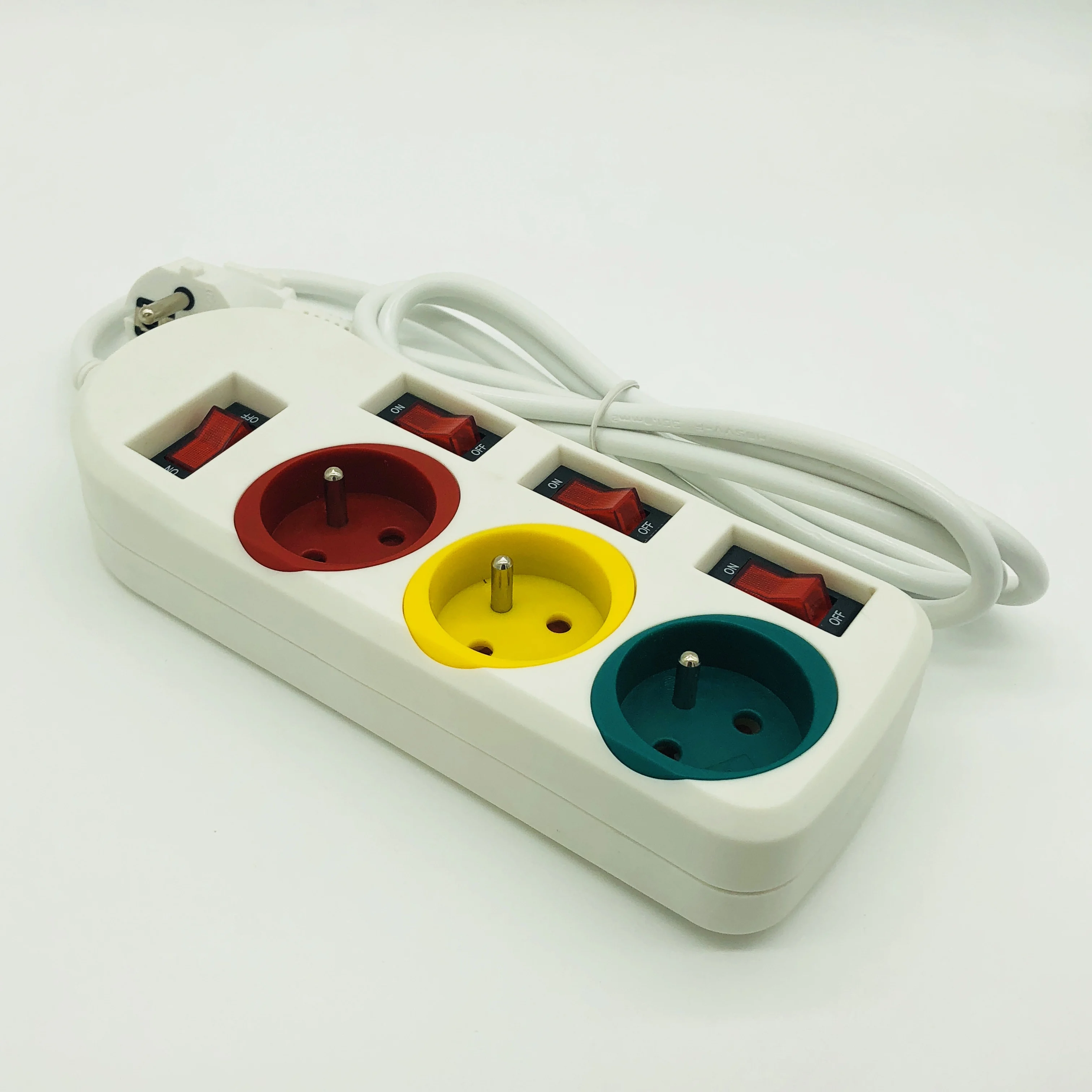 French Type 3 Outlets  Pop Colorful Power Strip  Extension Plug Socket with Individual Switches with CE