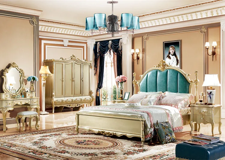 European style Bed Velvet Tufted Headboard Wooden Classic King Bed