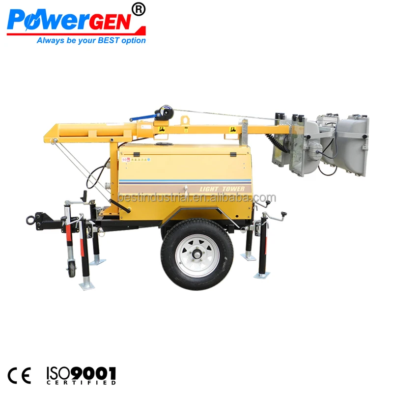 POWERGEN 8m high mast Lighting Tower 4x1000W with Trailer Diesel Generator 5KW for Mining and Construction