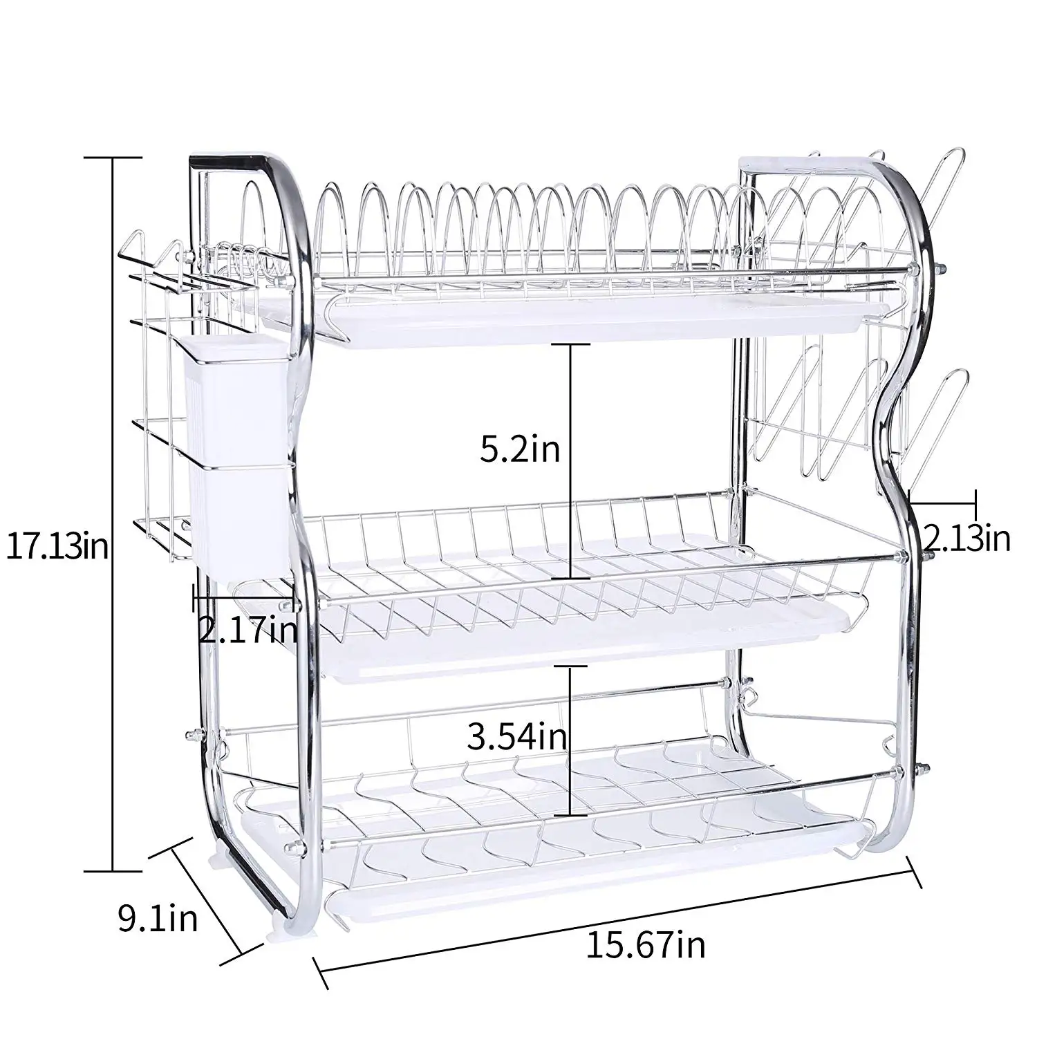 Amazon hot selling kitchen organizer 3 tiers stainless steel large dish rack with drain board