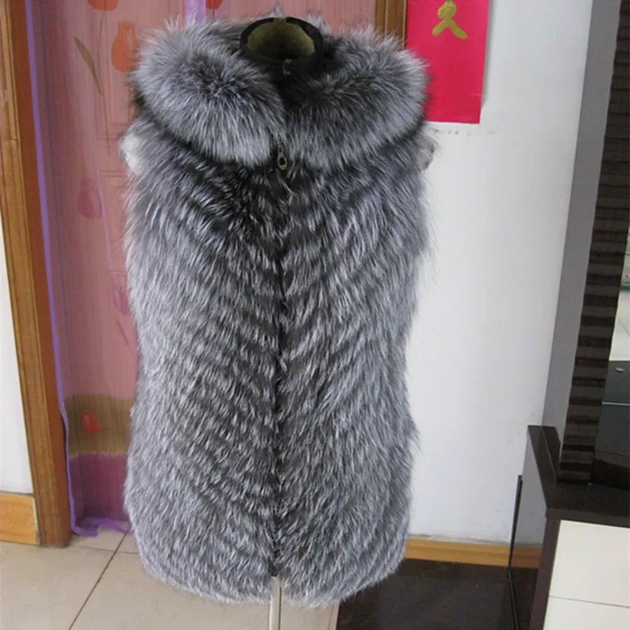 
High Quality Women Genuine Silver Fox Fur Vest with hood 