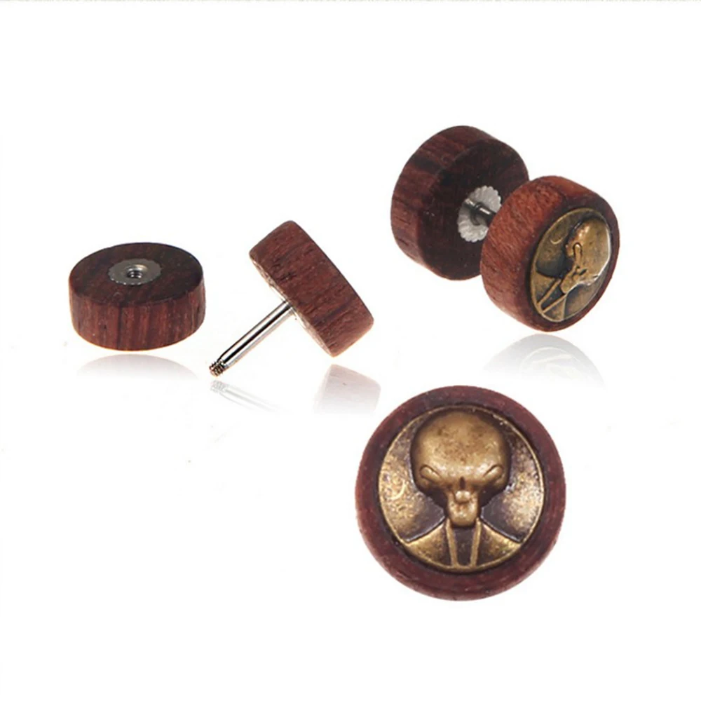 Round Skull Korean Ear Stud Wholesale Wood Earring For Men