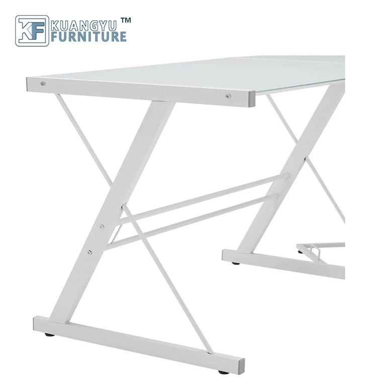 Mail order packing L-Shaped Computer Desk in White Finish ,Glass metal computer desk