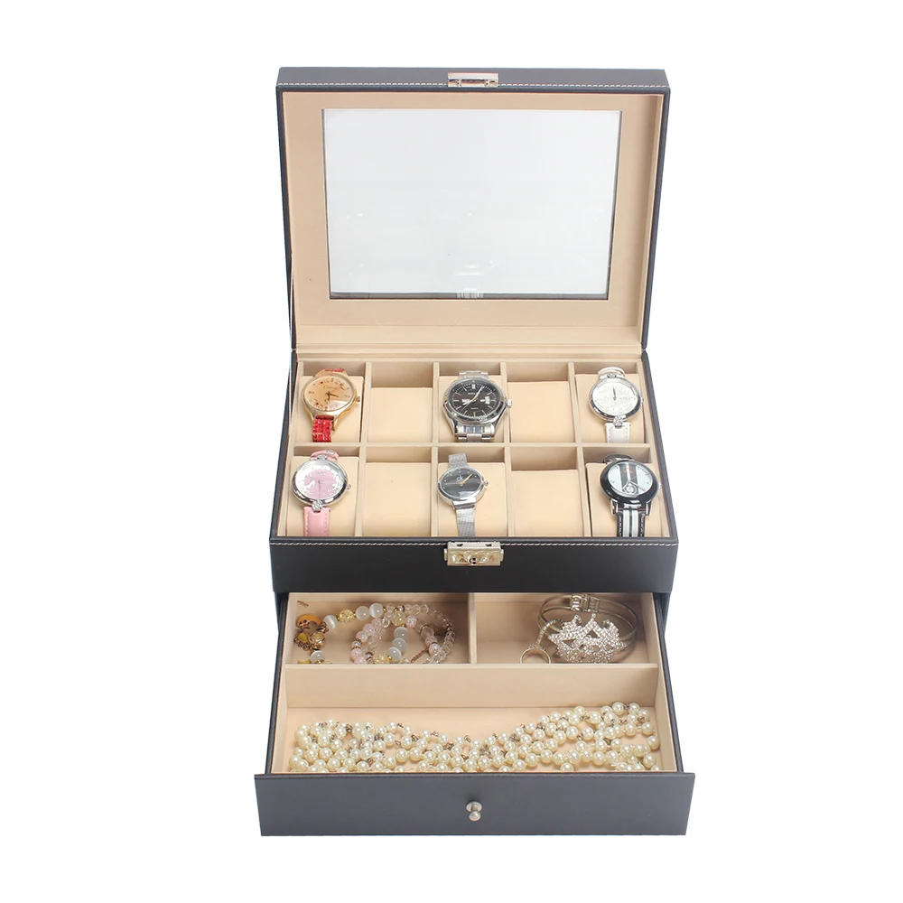 
luxury custom logo 10 slots watch case jewelry black storage leather velvet watch box 