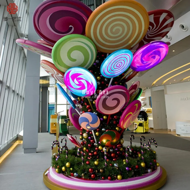 Large Waterproof Fiberglass Animal-Pattern Lollipop Decorations Giant Candy Cane for Outdoor Christmas Decoration