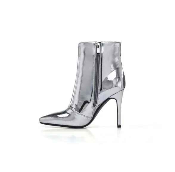 gold patent leather pointed toe high heel ankle boots